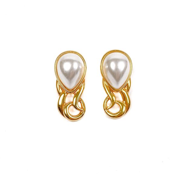 Faux Pearl Earrings Signed JS Tear Drop Cabochon Gold Tone Hinged Screw Back - Picture 1 of 6